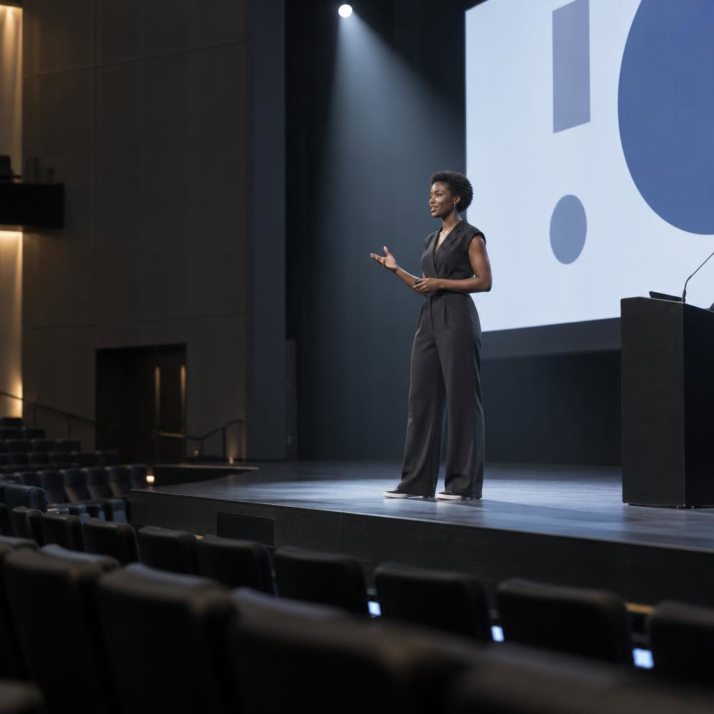 Career Breakthrough Onstage: Wide full-length photo from a side aisle of a modern, empty auditorium.