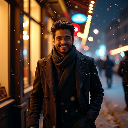 AI-generated photo: Photorealistic urban night portrait in a softly falling snowstorm, composed in a narrow side street ...