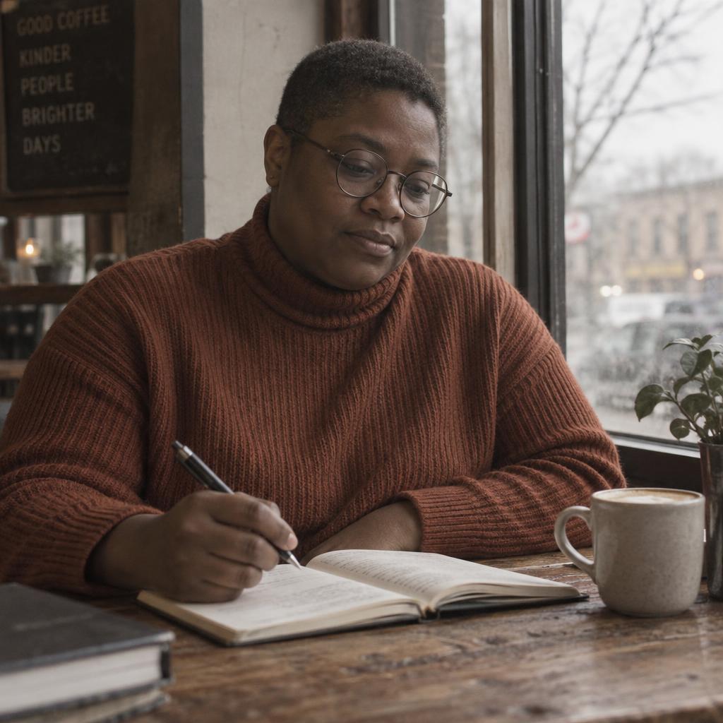 Coffee-Shop Film-Grain Portrait: One person seated waist-up in a quiet café window nook, round glasses above a rust-colored ribbed turtleneck.