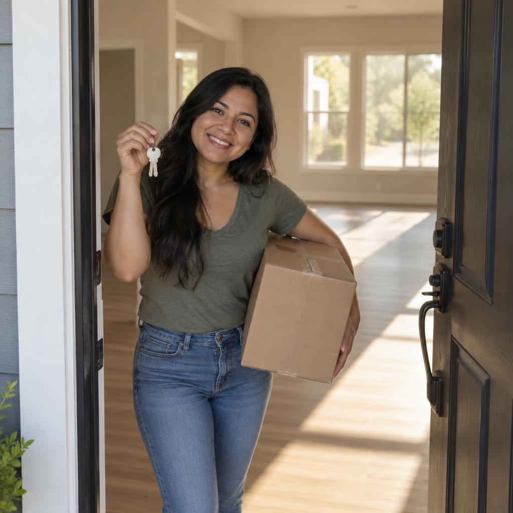 First Day In A Dream Home: View from the porch through the open front door: she is already just inside her new home, box held securely against her side and keys…