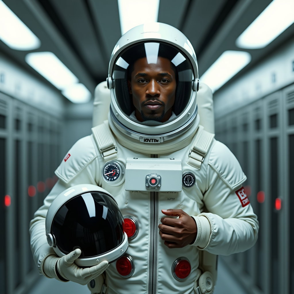 AI-generated photo: Photorealistic sci-fi lifestyle photography. The scene captures a poised pre-mission moment in a moo...