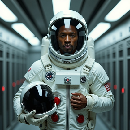 AI-generated photo: Photorealistic sci-fi lifestyle photography. The scene captures a poised pre-mission moment in a moo...