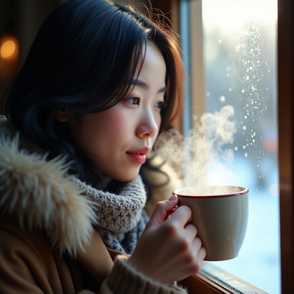 AI-generated photo: Photorealistic winter lifestyle portrait framed tight from the shoulders up at a window, the person ...