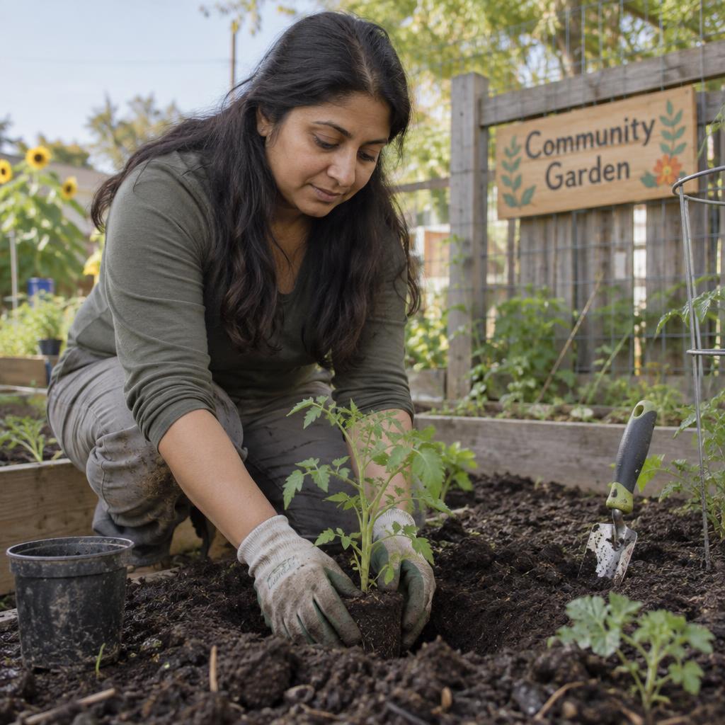 Community Garden Volunteering: Candid personal photo at ground level: kneeling beside a shared raised bed in faded work pants and gardening gloves, lowering a tomato…