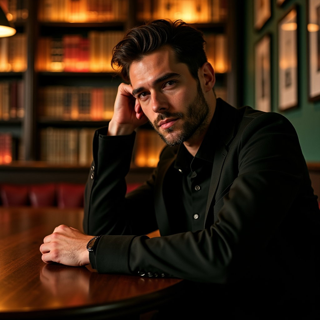 Subtle Neck-Turn Portrait Without Fake Horror example: Dating profile photo, environmental portrait in a quiet old-book bar or intimate library lounge, the subject leaning aga