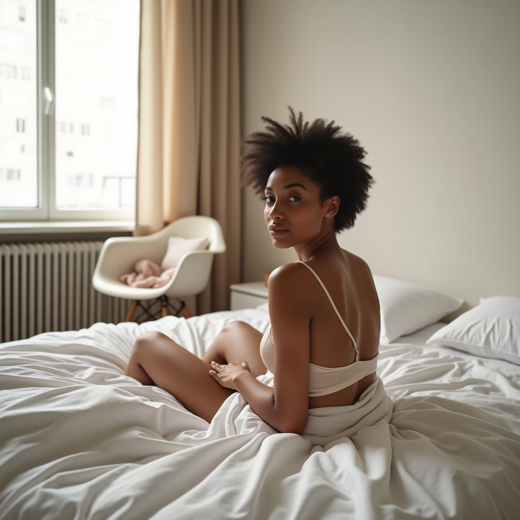 Over-the-Shoulder Tease example: Photorealistic boudoir photography, a bright minimalist loft bedroom with white linens, soft beige drapery, and diffused