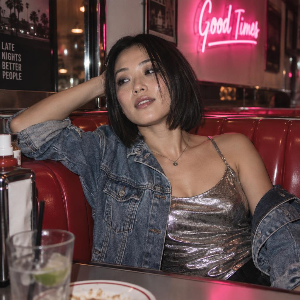 Diner Booth Afterparty: Intimate three-quarter portrait of one person leaning sideways against the back of a red-vinyl diner booth, looking past the camera with a…