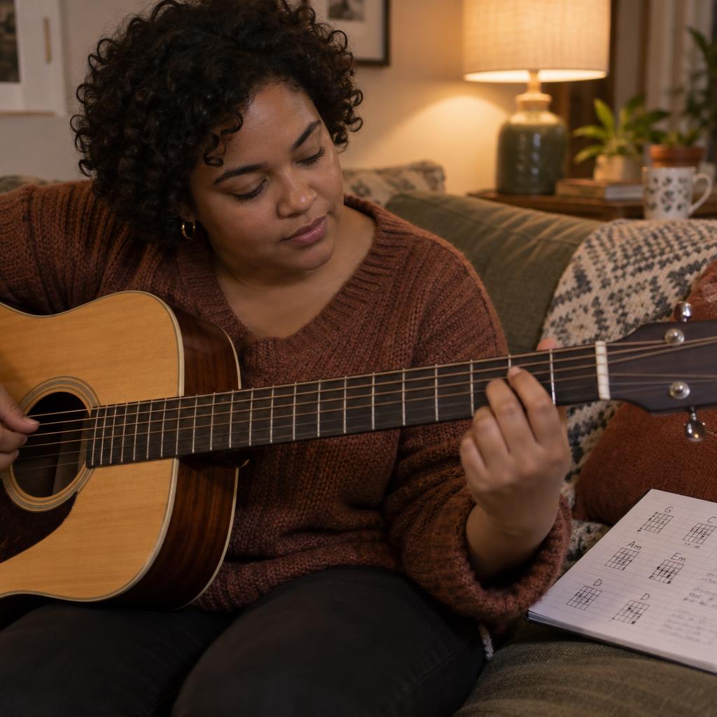 Mastering A New Skill: Candid personal photo on a living-room sofa: wearing a soft sweater, she leans over an acoustic guitar, eyes tracking her fingers as they…