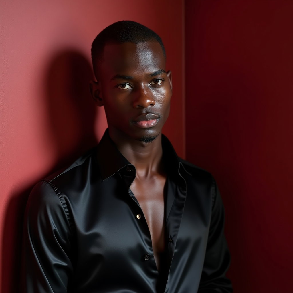 Simple Crimson Wall Half-Body Portrait example: Dating profile photo. Classic half-body portrait in front of a simple crimson wall, with one shoulder leaning lightly ba
