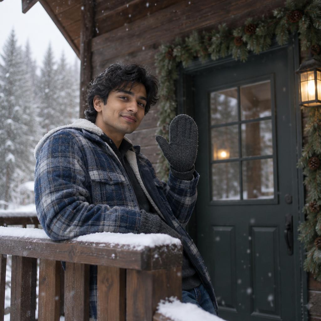 Rustic Cabin Porch Greeting: Photorealistic personal holiday photo on a cabin porch during gentle snowfall.