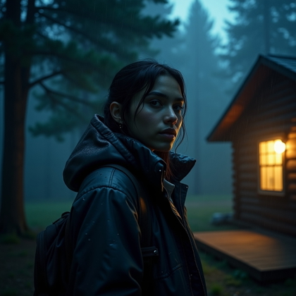 Flashlight-in-the-Dark Cabin Survivor example: Cinematic horror editorial photo. A dramatic hero image of the subject standing on the cabin porch at night, flashlight