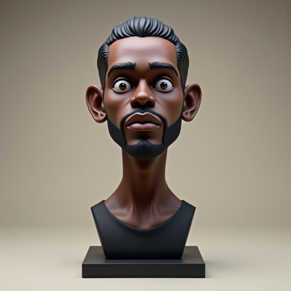 AI-generated photo: Studio photograph of a painted polymer clay caricature bust. The sculpted bust is presented front-fa...