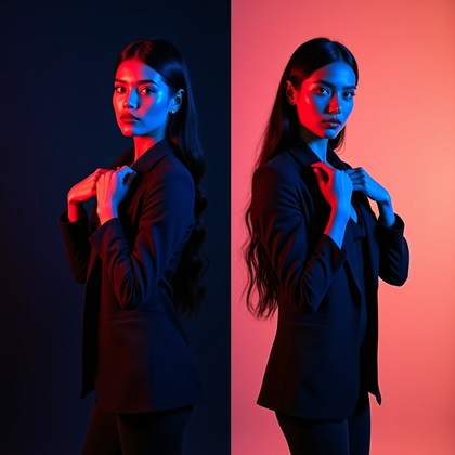 AI-generated photo: Photorealistic editorial-style studio portrait featuring two distinct images side-by-side in one fra...