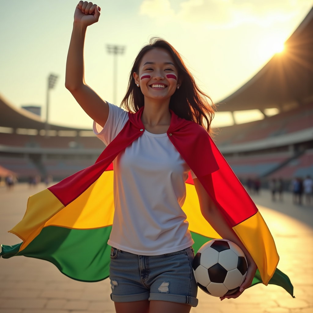Bold Face-Paint Fan Portraits in National Colors example: Photorealistic full-body fan portrait photography. Subject wears a flag cape over casual match-day clothing, one fist ra