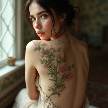 AI-generated photo: **Photorealistic photography** of a woman with an elegant Art Nouveau-inspired back tattoo. The desi...
