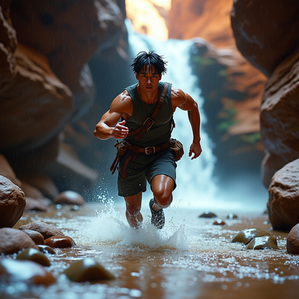 AI-generated photo: Photorealistic outdoor action photo: In a narrow sandstone slot canyon, waterfalls ribbon off ledges...