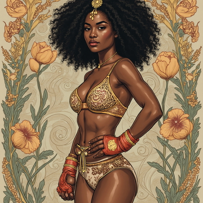 AI-generated photo: Art Nouveau illustration depicting a UFC fighter amidst cultural motifs. The fighter is depicted in ...