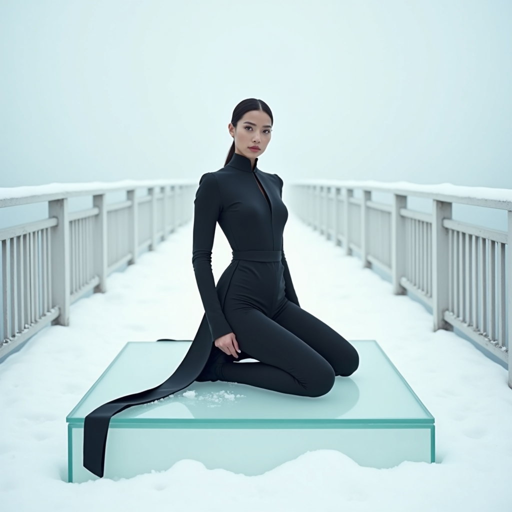 AI-generated photo: Photorealistic fashion editorial photo on a snow-coated pier flanked by white railings that vanish i...