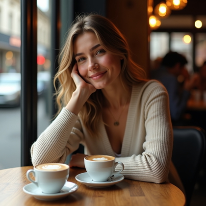 Photorealistic lifestyle photo of a cozy corner café scene with the subject seated at a window table, warm morning light forming soft catchlights and gentle side illumination, a cappuccino with latte art on the weathered wood surface, relaxed posture with one elbow resting and the other hand around the cup, direct eye contact to camera with a confident half-smile, softly blurred street activity beyond the glass for atmospheric bokeh.