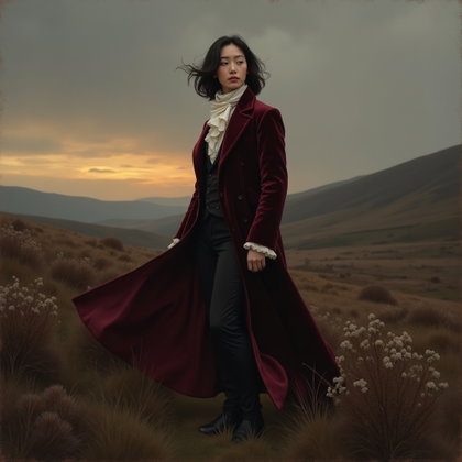 Velvet Coat Byronic Poet Portrait at Dusk example: Romantic-era oil painting. Full-body portrait of the subject standing on a windswept moor in a sweeping velvet coat, cra