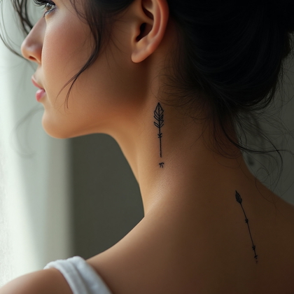 AI-generated photo: **Photorealistic photography focusing on a minimalist tattoo of a delicate, small arrow pointing upw...