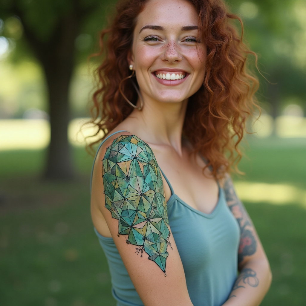AI-generated photo: Photorealistic photography of a woman with a geometric calf tattoo that incorporates a kaleidoscopic...