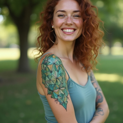 AI-generated photo: Photorealistic photography of a woman with a geometric calf tattoo that incorporates a kaleidoscopic...