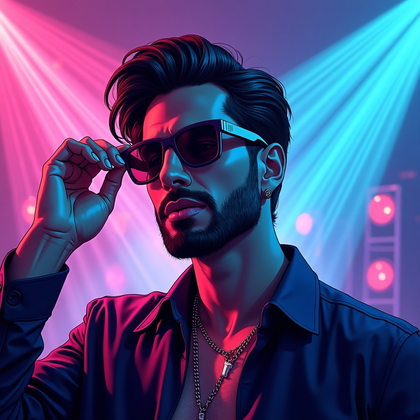 AI-generated photo: Cel-shaded key art illustration — nightclub portrait amid laser grids and haze, the subject mid-danc...