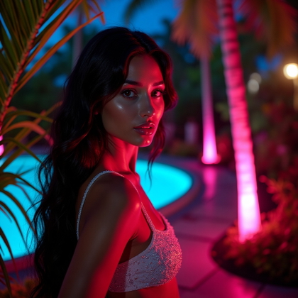 Tropical Garden Walkout Shot example: Photorealistic creative fashion portrait photo, unexpected nighttime tropical garden walkout under glowing neon-pink and