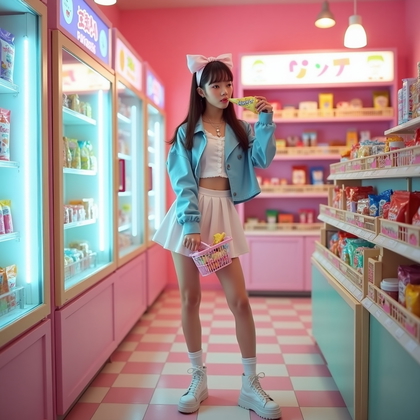 AI-generated photo: High-fashion kawaii photography, a solo concept on a whimsical indoor set designed like a pastel con...