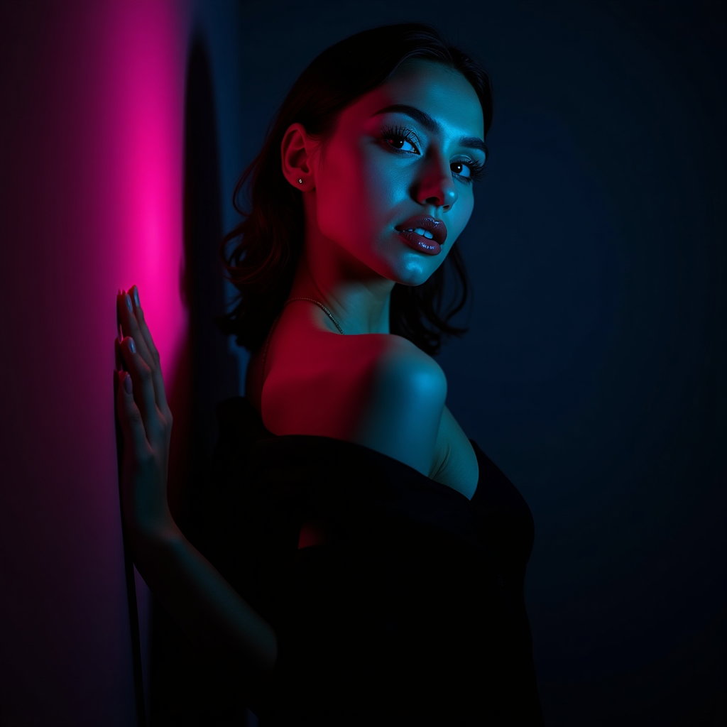 AI-generated photo: Photorealistic studio portrait. The subject stands almost pressed against a black seamless backgroun...