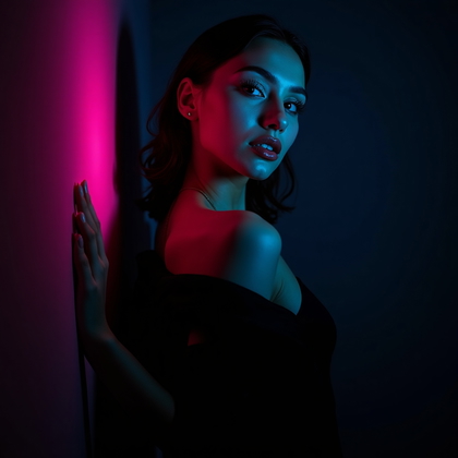 AI-generated photo: Photorealistic studio portrait. The subject stands almost pressed against a black seamless backgroun...