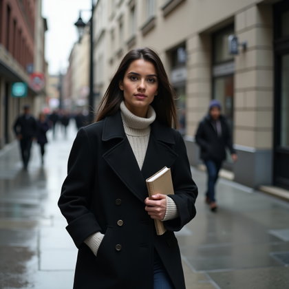 Minimal Modern Poetcore Portrait That Doesn’t Look Like a Costume example: Photorealistic portrait photography. Motion portrait on a quiet city sidewalk after light rain, face clearly visible whi