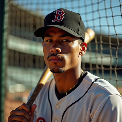 AI-generated photo: Photorealistic sports portrait photo just outside the batting cage with the cap brim dropped low, fa...
