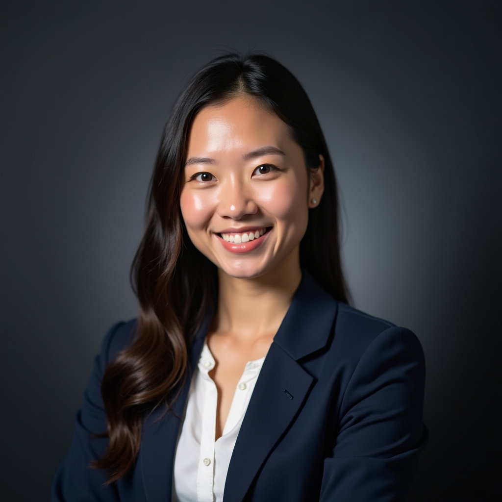 AI-generated photo: Professional headshot. Head-and-shoulders studio portrait against a charcoal-to-navy gradient with a...