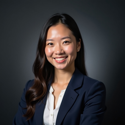 AI-generated photo: Professional headshot. Head-and-shoulders studio portrait against a charcoal-to-navy gradient with a...