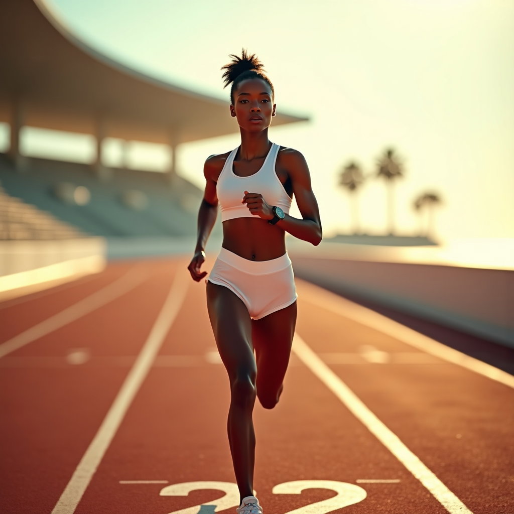 AI-generated photo: Photorealistic fashion sports photography of an Olympic-style runner mid-stride on a sun-drenched co...