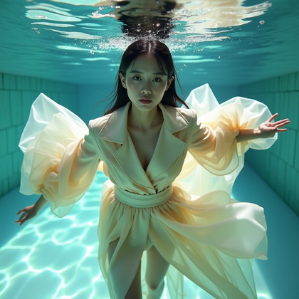 AI-generated photo: Photorealistic underwater fashion photography, mid-distance portrait in a chic tiled pool where a vo...