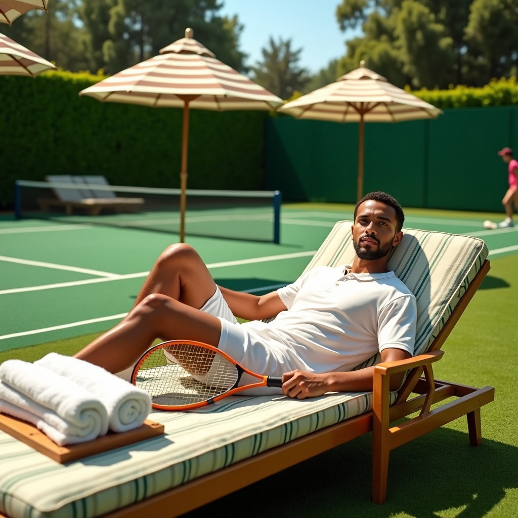 Preppy Country Club Tenniscore Portraits example: Photorealistic editorial fashion photography, wide hero image beside a country club tennis court with the subject reclin