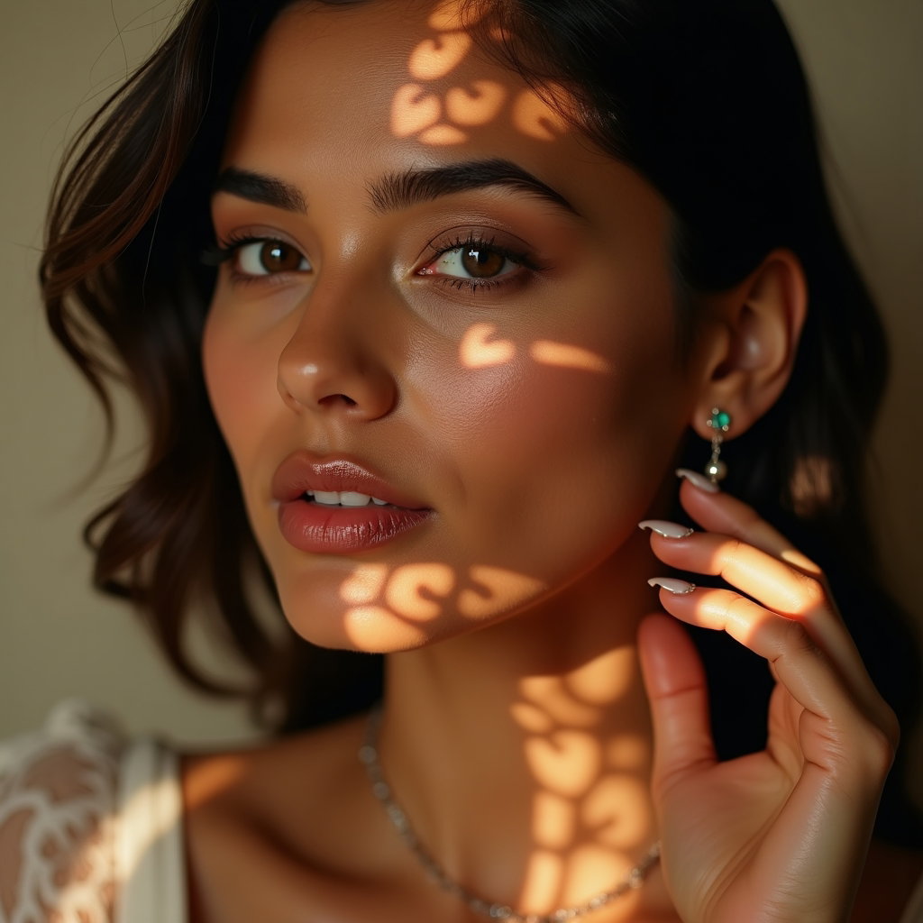 AI-generated photo: Photorealistic studio beauty portrait photo, close-up at a three-quarter angle with a handmade Chant...