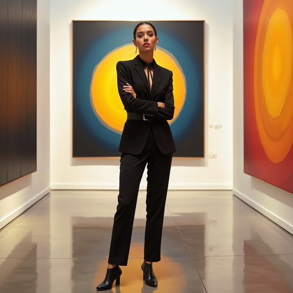 AI-generated photo: Photorealistic editorial fashion photograph in a contemporary art museum gallery featuring towering ...