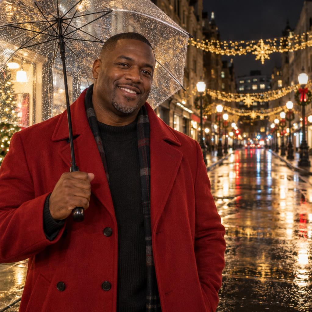 Holiday Lights in the City: A lively waist-up night portrait at a city intersection just after rain.