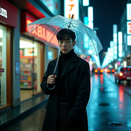 AI-generated photo: Fashion editorial street photography, a dramatic rainy umbrella portrait on a lively Japanese nightl...