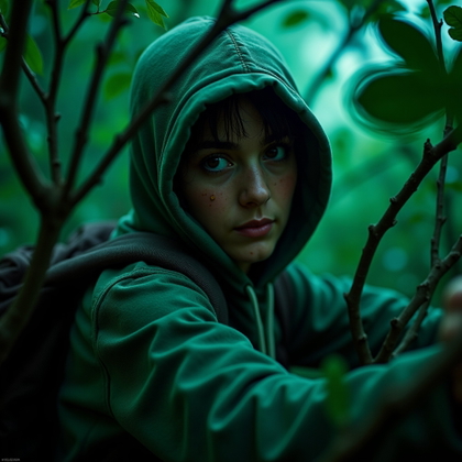 Forest Chase Over-the-Shoulder Portrait example: Cinematic horror action portrait photo. The subject pushes through tangled branches while glancing back over the shoulde