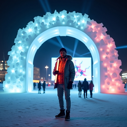 AI-generated photo: Photorealistic lifestyle sports photography. A person stands in the center of a snow-dusted fan zone...