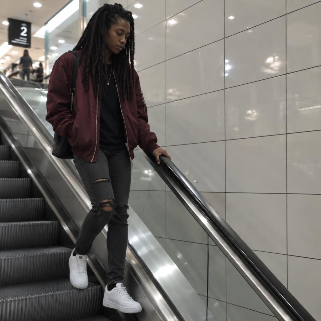 Mall Escalator Streetwear: Side-on, head-to-toe view of one person descending a mall escalator beside a wall of glossy square tiles.