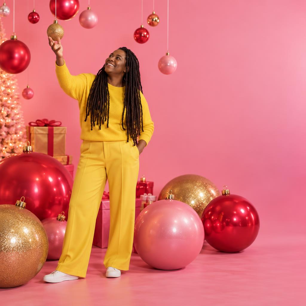Playful Oversized Ornament Set: A colorful holiday set features oversized red, pink, and gold baubles on the floor and a few lightweight ones suspended overhead.