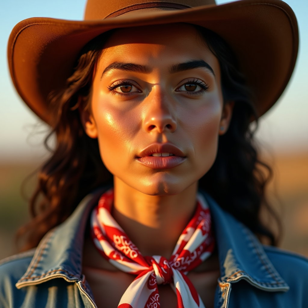 AI-generated photo: Fashion editorial photography, a tight cowboy-inspired close-up with a crisp bandana tied at the nec...
