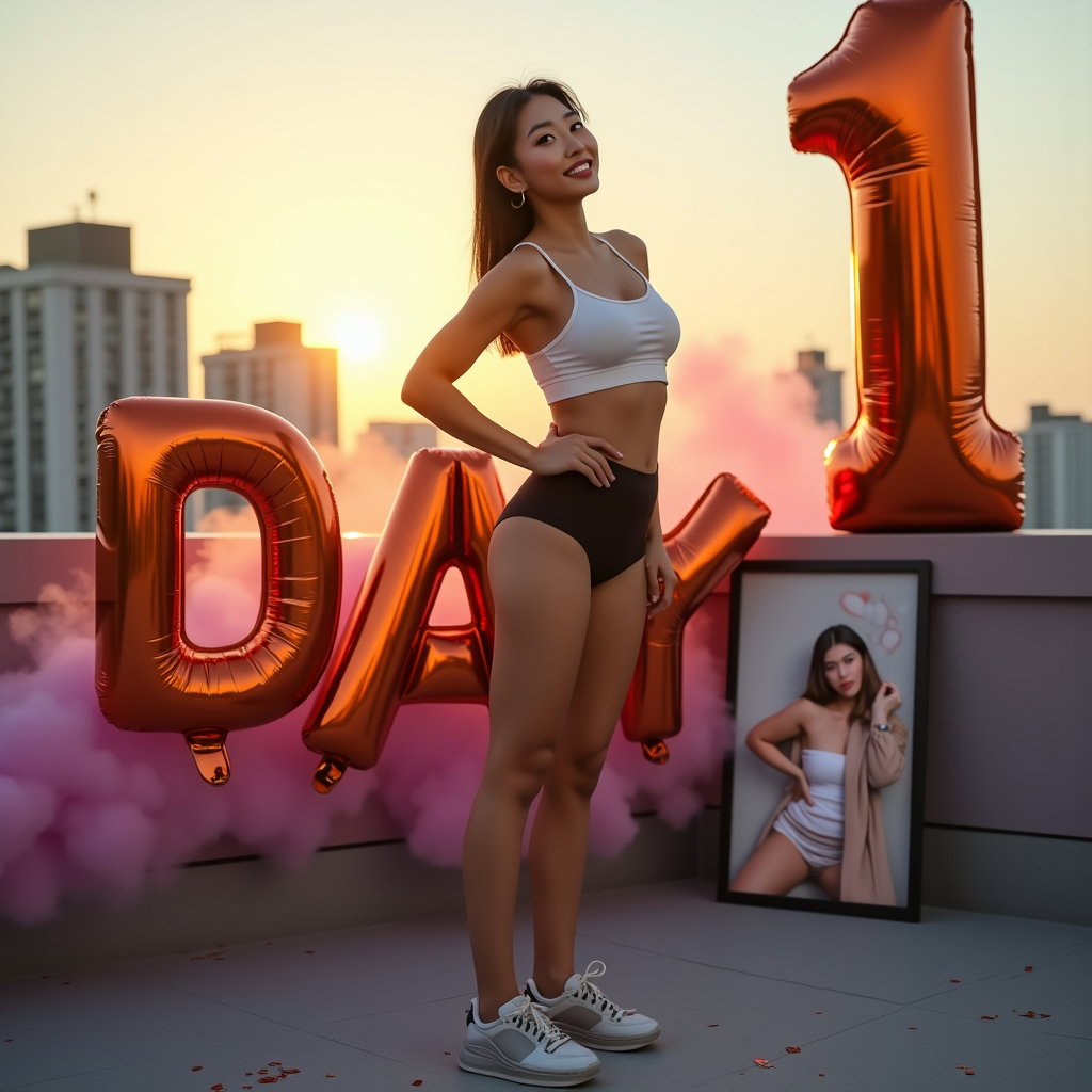 AI-generated photo: Photorealistic photography. Urban rooftop golden hour with the person in a confident athletic pose b...