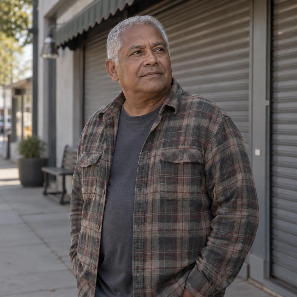Grounded Indie-Film Portrait: Waist-up acting headshot beside a plain neighborhood storefront with its shutters down.